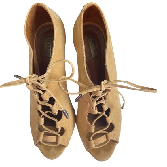 Schutz Women's Tan Nubuck Leather Lace Up Peep Toe Stiletto Bootie Shoes Size 7 - Picture 2 of 10